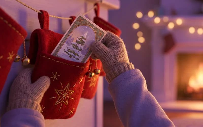 Kind öffnet ein Adventskalender-Säckchen mit einer Geschichtenkarte darin