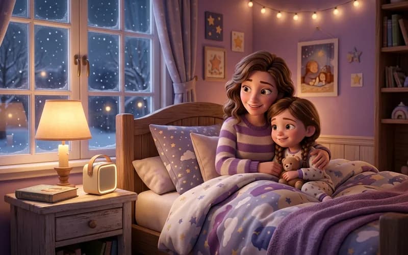 Mutter und Tochter hören gemeinsam eine Adventsgeschichte am Abend