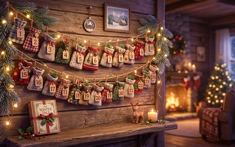 Adventskalender aus Stoffsäckchen an einer Schnur mit Lichterkette