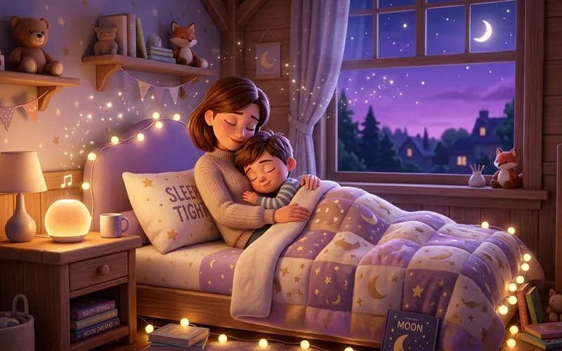 Mutter und Kind hören gemeinsam eine beruhigende Gute-Nacht-Geschichte im Bett