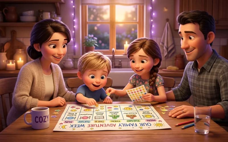 Familie bespricht gemeinsam Regeln für Bildschirmzeit und Spiele