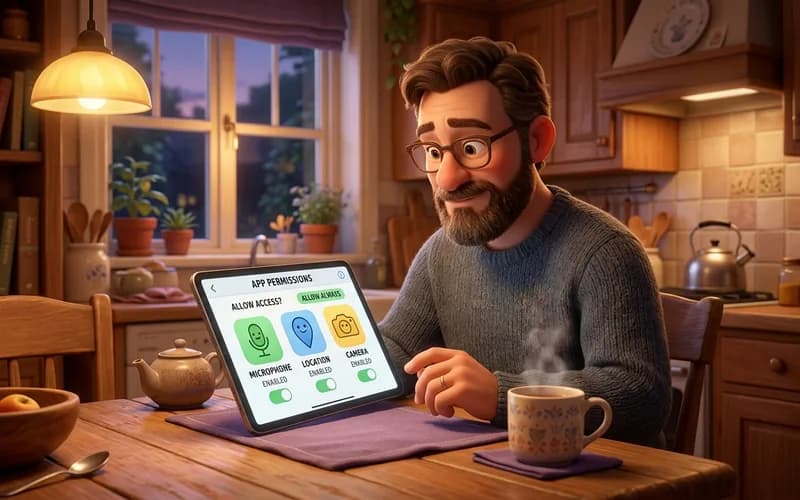 Vater prüft nachdenklich die Berechtigungen einer Kinder-App auf dem Tablet