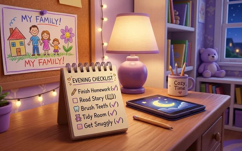 Checkliste mit Prüfkriterien für den Datenschutz bei Kinder-Apps auf einem Notizblock neben dem Tablet
