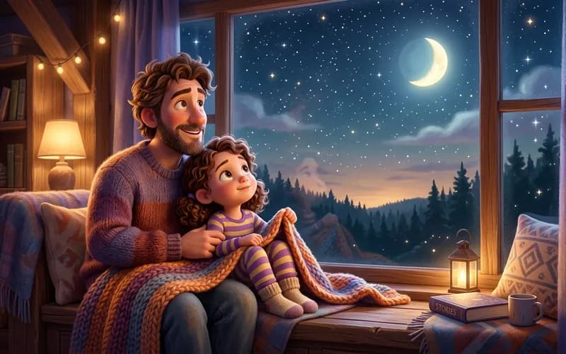 Vater und Kind schauen gemeinsam aus dem Fenster auf den Mond