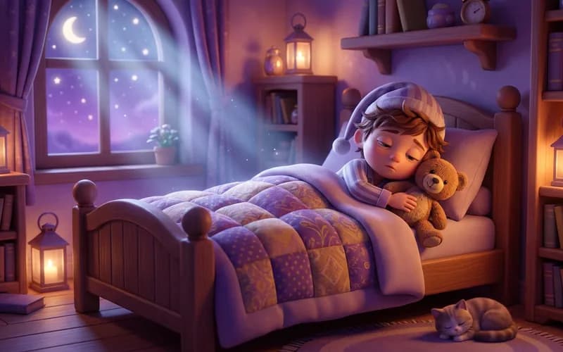 Kind liegt im Bett und lauscht einem Schlaflied, Mond scheint durchs Fenster