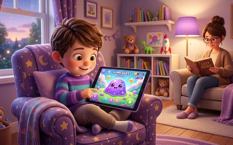 Kind spielt konzentriert ein werbefreies Spiel auf dem Tablet