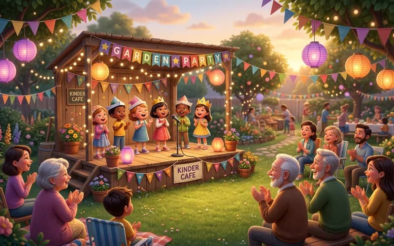 Kinder feiern fröhlich ein Kita-Sommerfest mit Musik im Garten