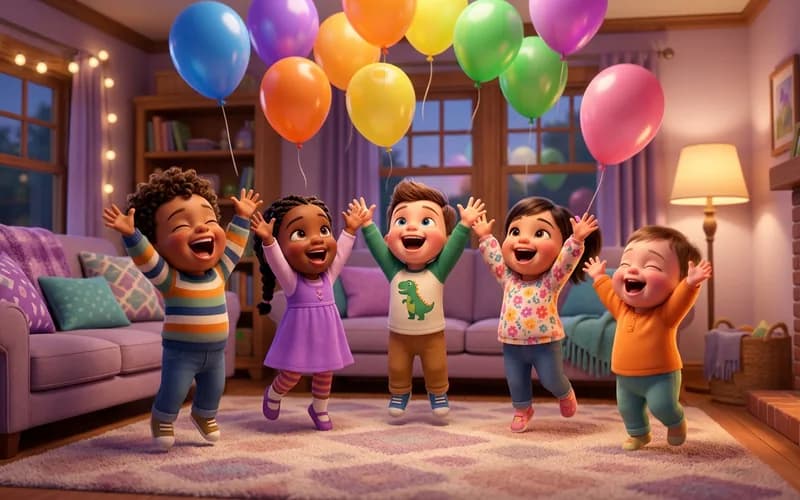 Kleine Kinder spielen mit Luftballons im Wohnzimmer