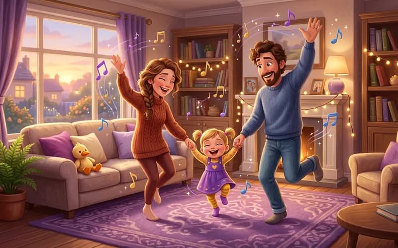 Familie tanzt gemeinsam im Wohnzimmer zu einem fröhlichen Kinderlied