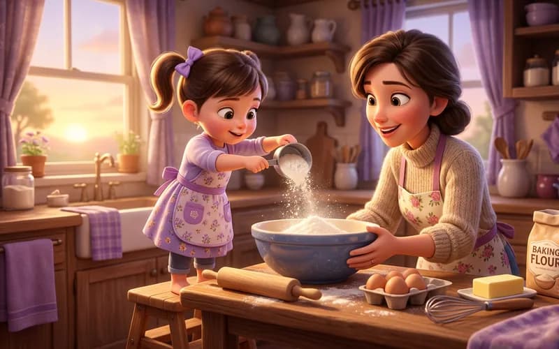 Kind hilft beim Backen und misst Mehl ab, Alltagslernen als Lernspiel für Vorschulkinder