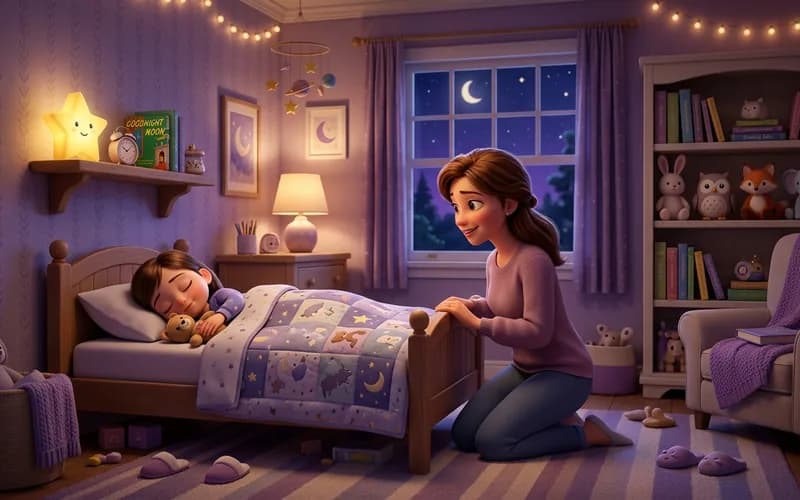 Illustration eines ruhigen Kinderzimmers bei Nacht mit wachender Mutter am Bett
