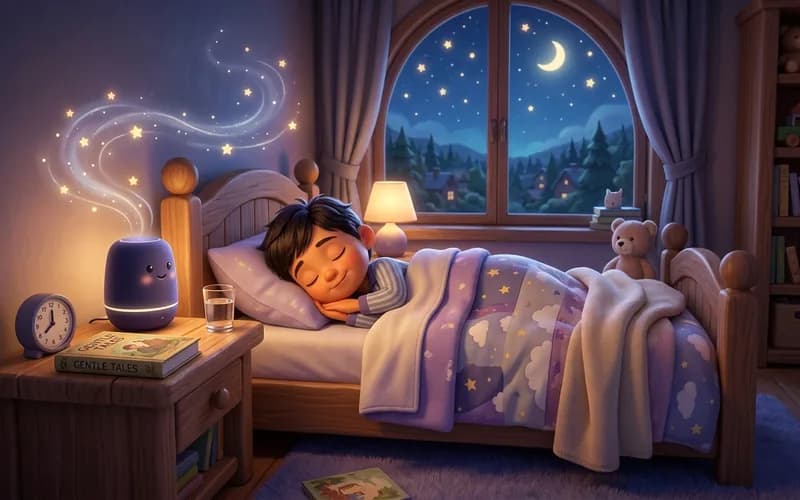 Illustration eines Kindes, das entspannt im Bett eine Gute-Nacht-Geschichte hört