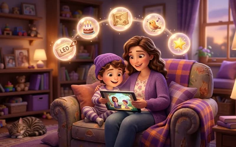 Die fünf Schritte des Story Builders als gemütliche Abendszene mit Tablet