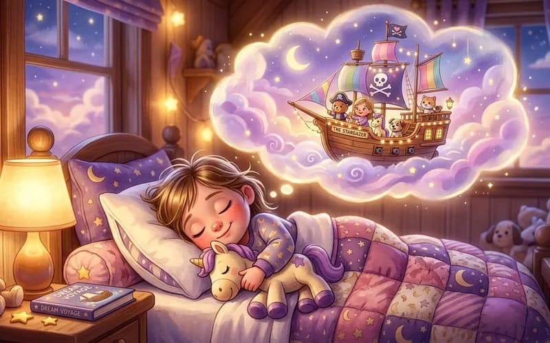 Kind liegt entspannt im Bett und lauscht seiner neuen personalisierten Geschichte