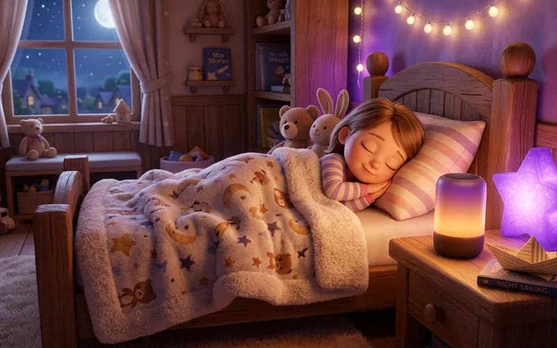 Kind hört mit geschlossenen Augen im Bett eine Gute-Nacht-Geschichte