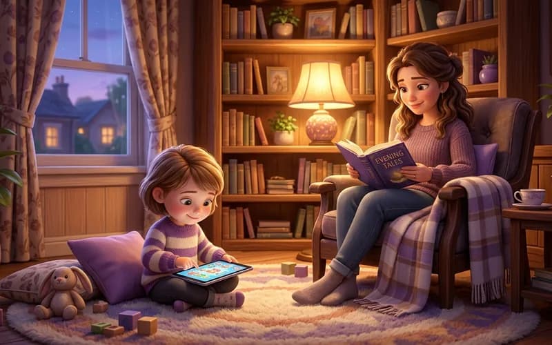 Kind spielt entspannt ein sicheres Online-Spiel am Tablet, Elternteil sitzt daneben