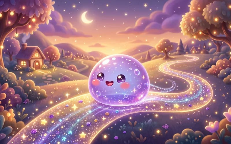 Fröhliches Schleim-Wesen aus einem sicheren Browserspiel für Kinder auf einer funkelnden Bahn