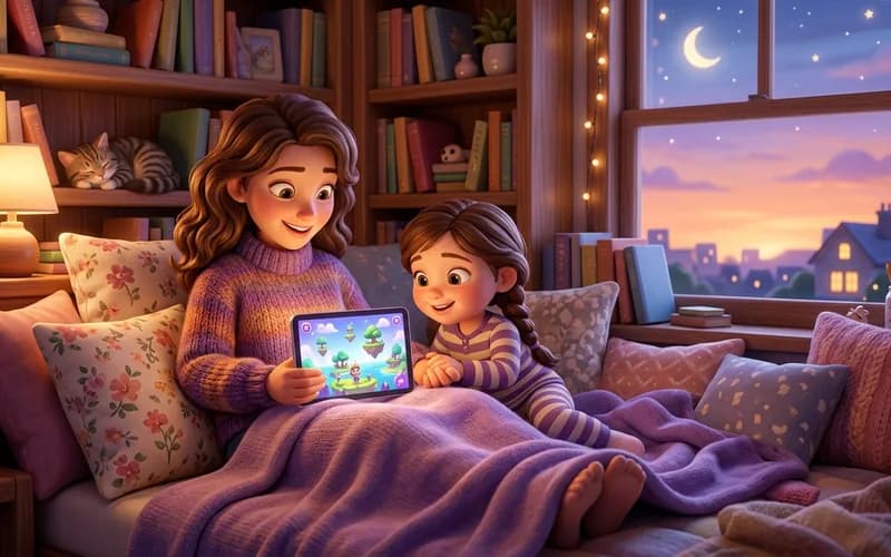 Elternteil und Kind schauen gemeinsam ein ruhiges Lernspiel auf dem Tablet an