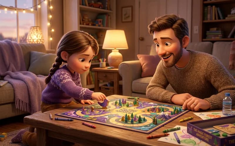 Fünfjähriges Kind spielt konzentriert ein selbst gemaltes Brettspiel mit dem Vater