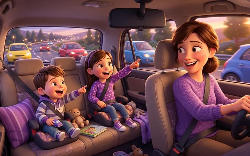 Familie spielt Ratespiele während der Autofahrt
