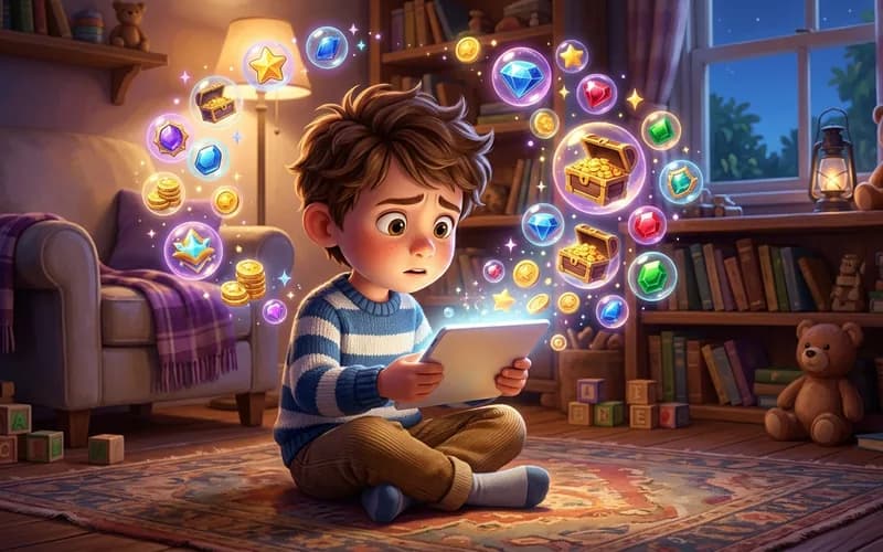 Kind schaut verunsichert auf ein Tablet mit blinkenden Kaufsymbolen im Spiel