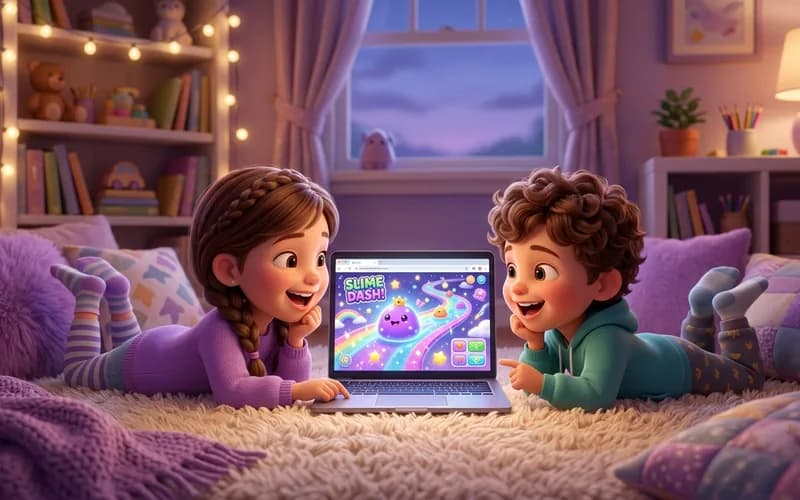 Zwei Kinder spielen entspannt ein Browserspiel ohne Werbung am Laptop