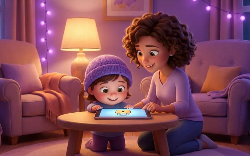 Mutter und Kind schauen gemeinsam auf ein Tablet und richten Sicherheitseinstellungen ein