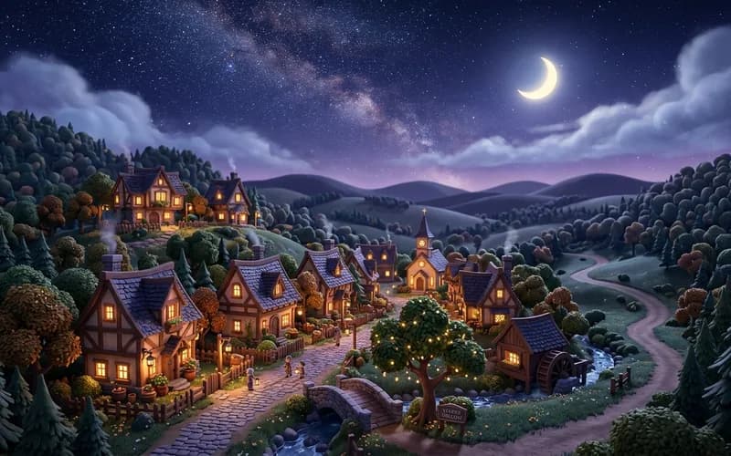 Sternenhimmel über einem kleinen Dorf als Illustration zum Weißt du wie viel Sternlein stehen Text
