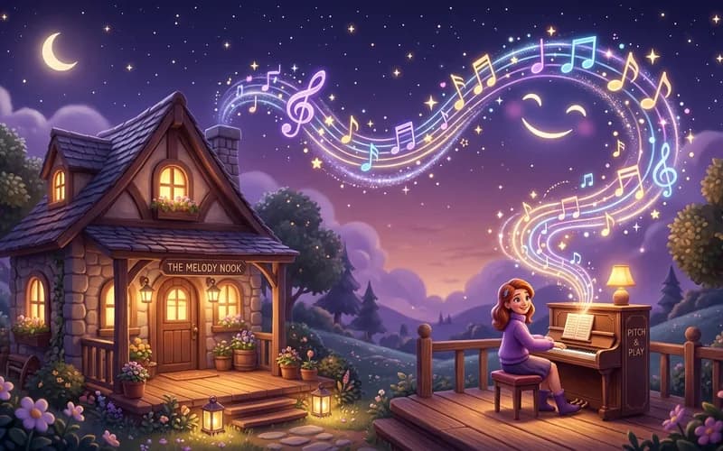 Musikalische Noten und Klangwellen formen sich zu einem Kinderlied