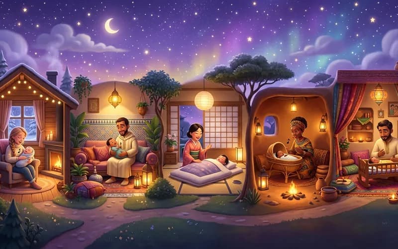 Illustration von Wiegenliedern aus aller Welt mit Eltern und Kindern unter dem Abendhimmel