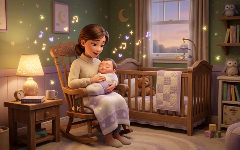 Illustration einer Mutter, die ihr Baby mit einem Wiegenlied in den Schlaf singt