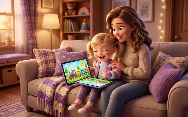 Kind spielt am Tablet ein sicheres Zahlenspiel, Elternteil sitzt daneben auf dem Sofa