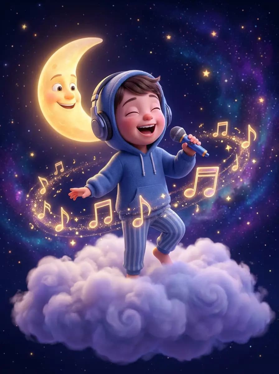 Kind tanzt singend auf einer Wolke unter dem Nachthimmel