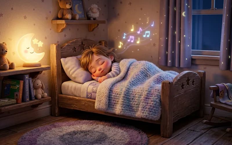 Kind kuschelt sich ins Bett, während sein Einschlaflied mit Namen läuft
