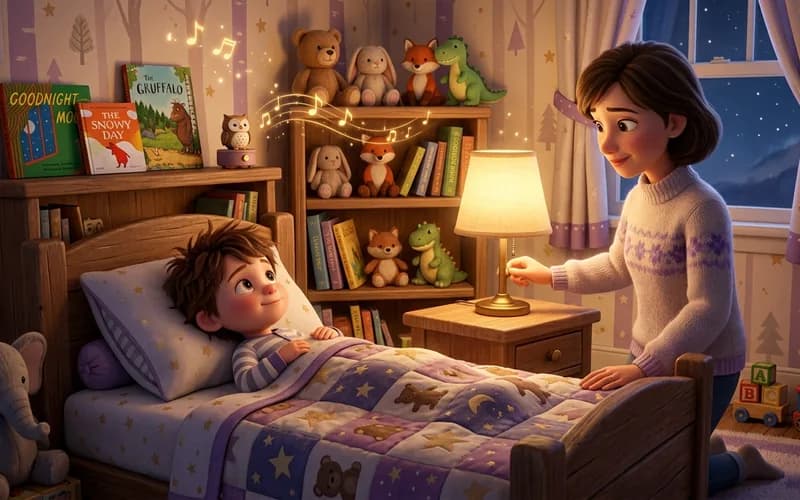 Eltern dimmen das Licht im Kinderzimmer, das Kind lauscht dem Lied