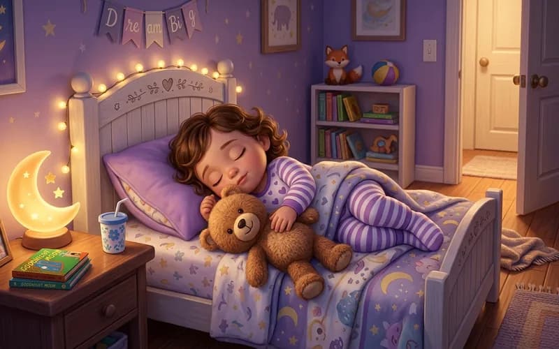 Kind schläft nach der neuen Einschlafroutine friedlich in seinem Bett ein