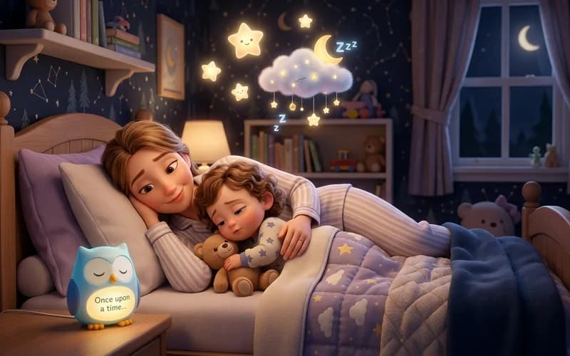 Mutter und Kind hören am Ende der Einschlafroutine gemeinsam eine ruhige Gute-Nacht-Geschichte