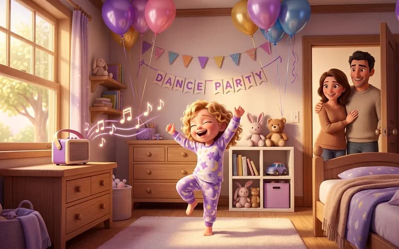 Kind tanzt am Geburtstagsmorgen zu seinem Lied mit Luftballons im Zimmer