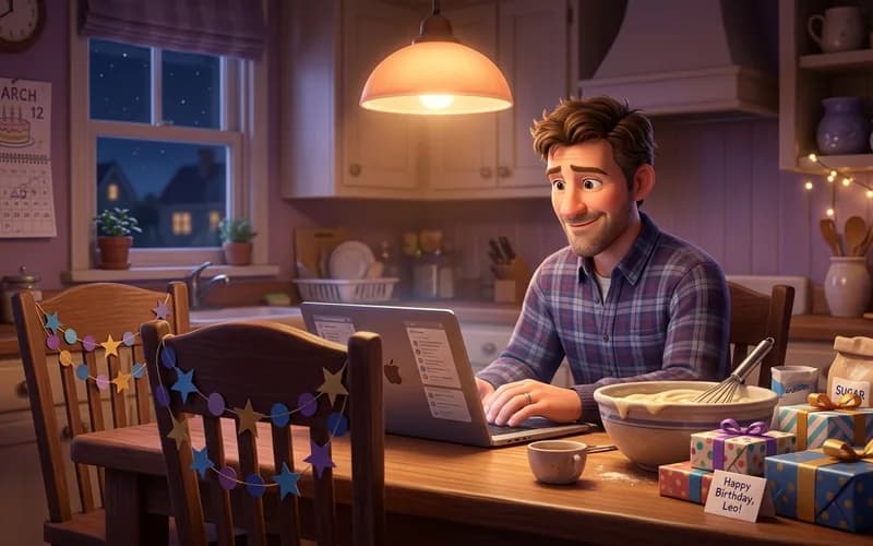 Vater bereitet abends am Laptop heimlich das Geburtstagslied vor