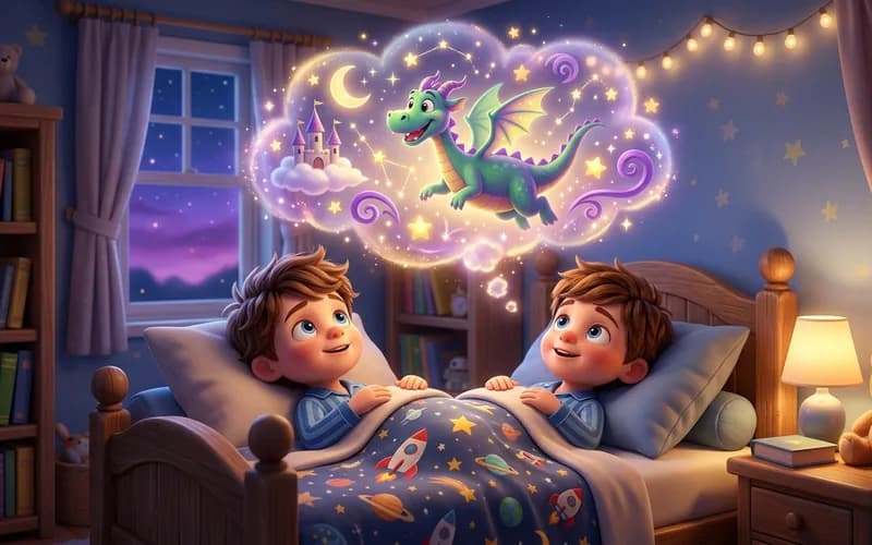 Kind im Vorschulalter lauscht mit großen Augen einer Vorlesegeschichte, über dem Bett schweben fantasievolle Traumbilder von Sternen und einem freundlichen Drachen