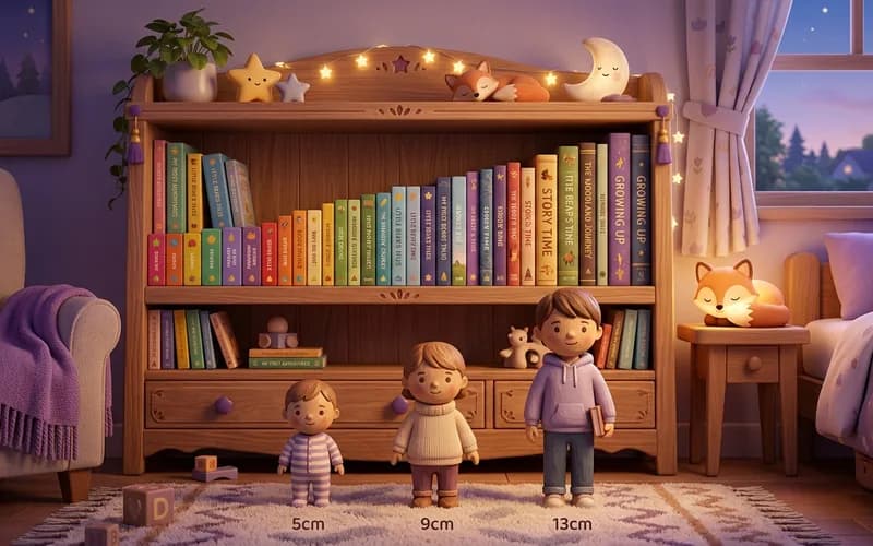 Bücherregal im Kinderzimmer mit Büchern in verschiedenen Größen, davor wächst symbolisch ein Kind von Kleinkind zu Schulkind
