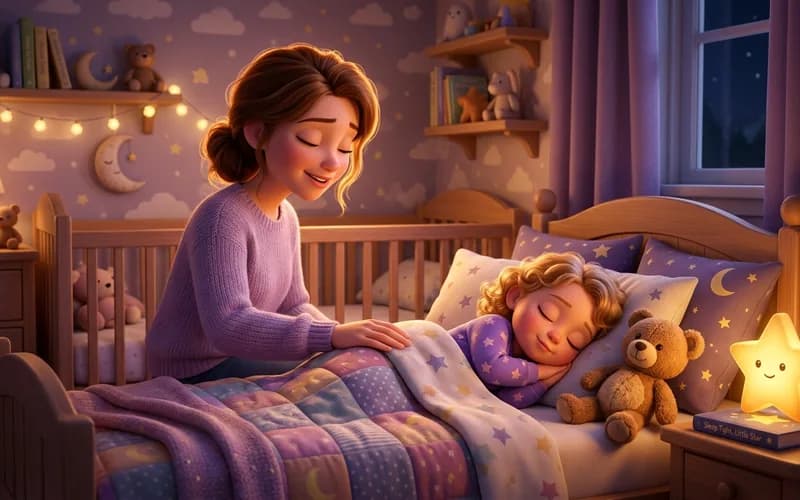 Eine Mutter singt ihrem Kleinkind beim gedimmten Licht den Text von Guten Abend, gute Nacht vor