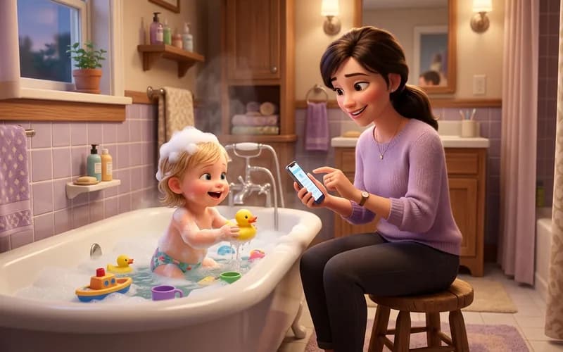 Mutter erstellt am Handy ein Gutenacht-Lied, während das Kind badet