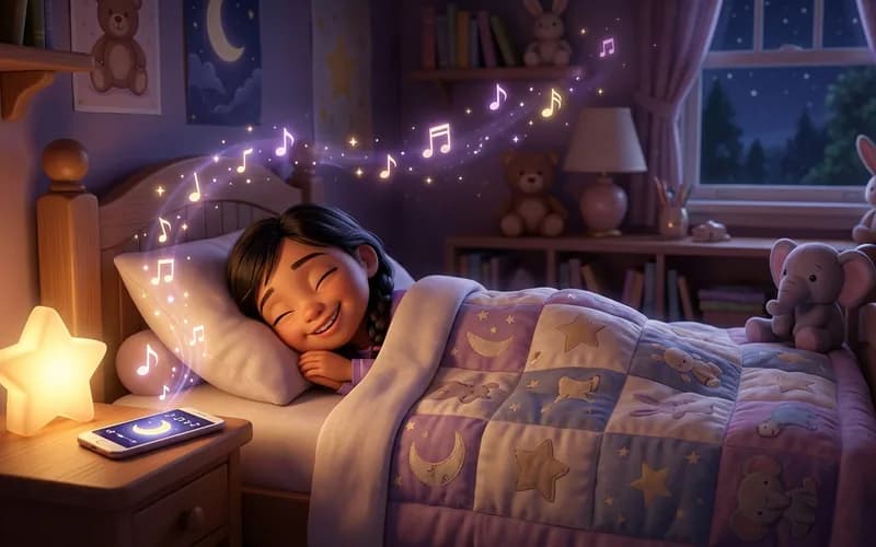 Kind liegt im Bett und lächelt, während sein Gutenacht-Lied erklingt