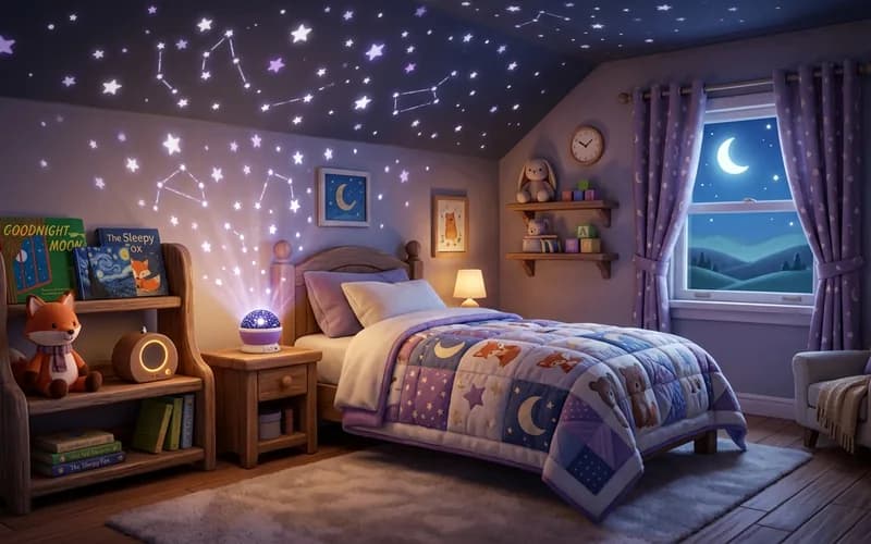 Abendliches Kinderzimmer mit Sternenlicht und kleiner Musikbox auf dem Regal