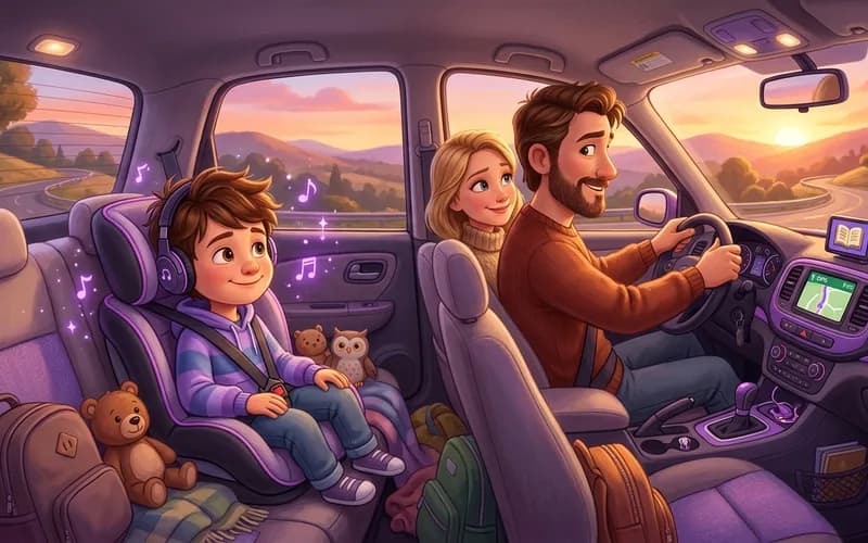 Familie hört gemeinsam im Auto eine Kindergeschichte auf der Fahrt in den Urlaub