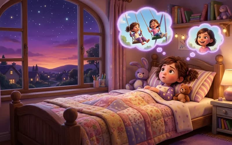 Kind liegt mit offenen Augen im Bett und schaut zum Fenster, während draußen der Abendhimmel dunkel wird