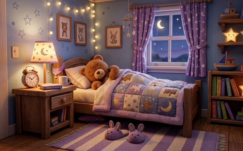 Gemütliches Kinderzimmer in warmem Abendlicht mit einer kleinen Uhr auf dem Nachttisch und einem schlafenden Kuscheltier im Bett