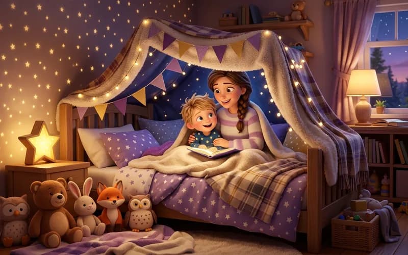Mutter und Kind kuscheln unter einer Bettdecke, die wie eine gemütliche Höhle aufgebaut ist, daneben brennt eine kleine Sternenlampe