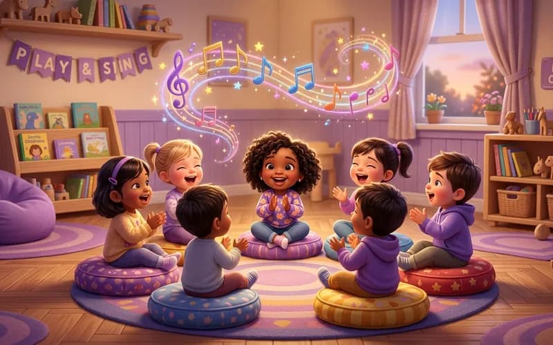 Kleinkind klatscht begeistert beim Singen im Morgenkreis mit anderen Kindern